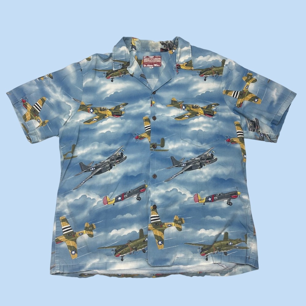 RJC Mens XL Hawaiian Shirt Blue WWII Fighter Planes Aviation Made in Hawaii USA